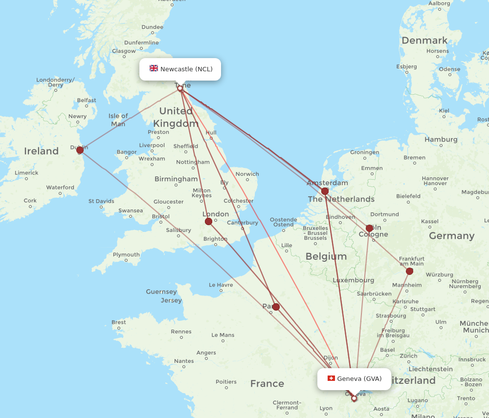 NCL to GVA flights and routes map