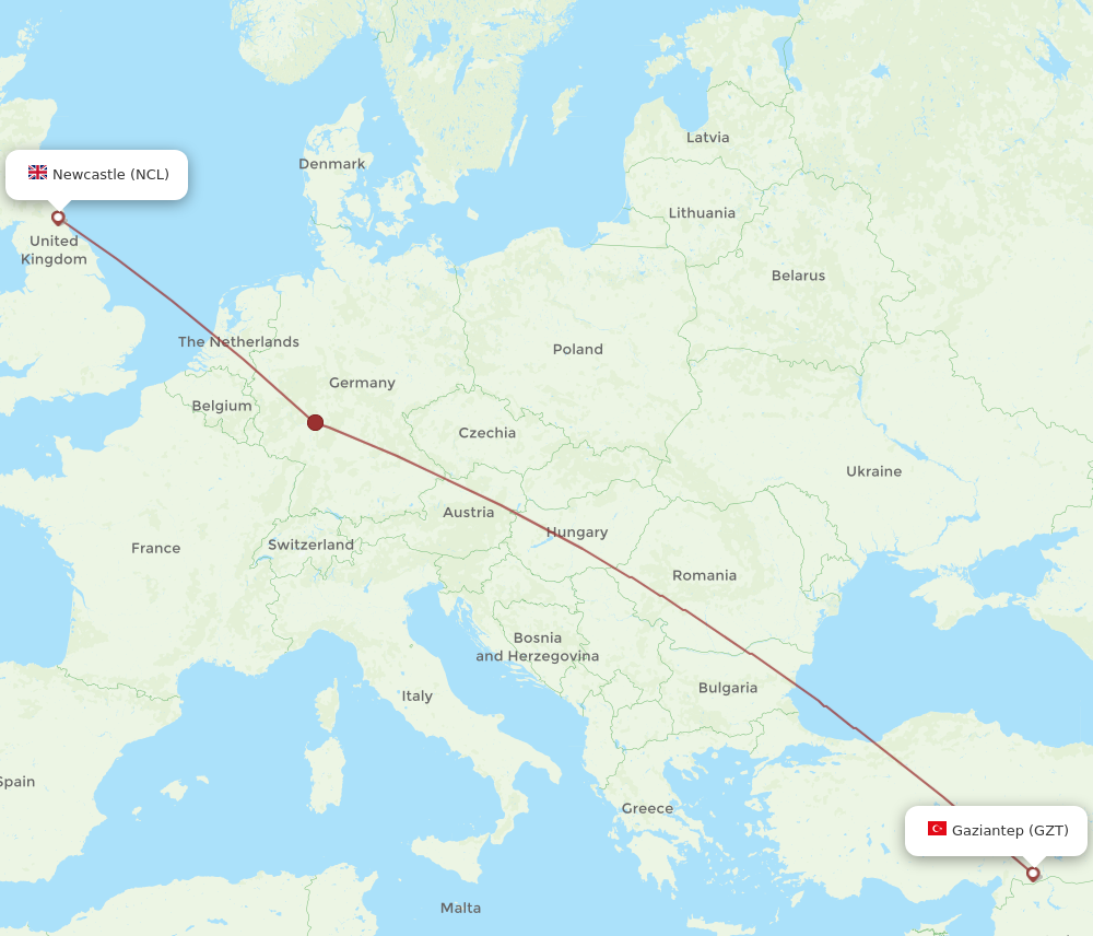 NCL to GZT flights and routes map