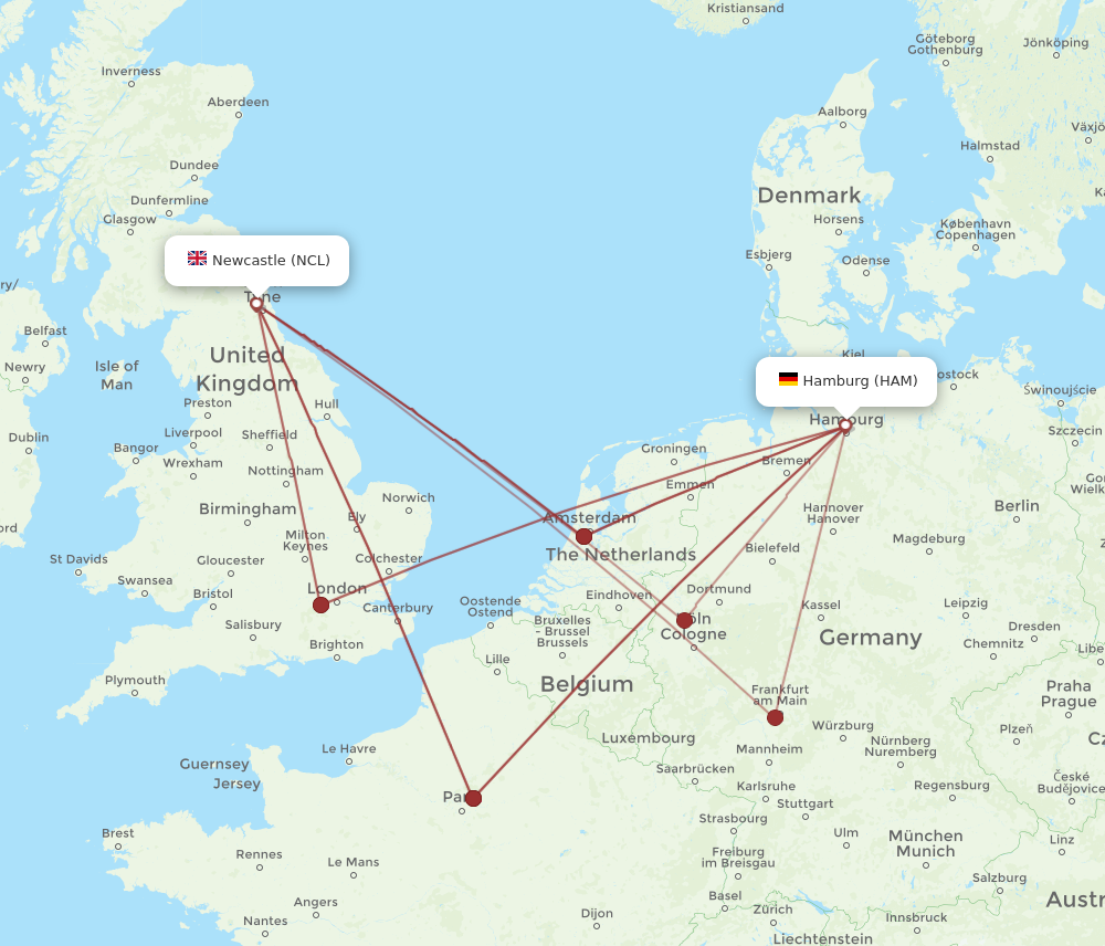 NCL to HAM flights and routes map