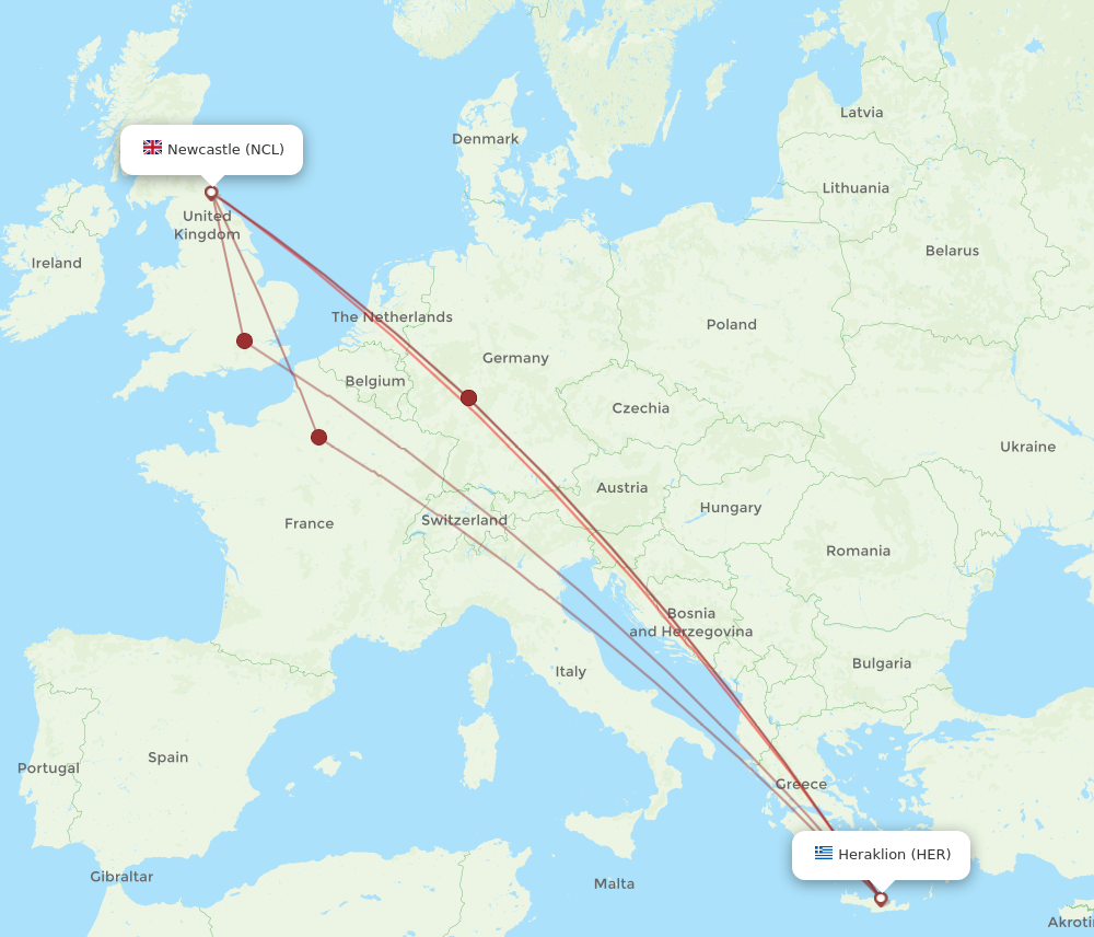NCL to HER flights and routes map