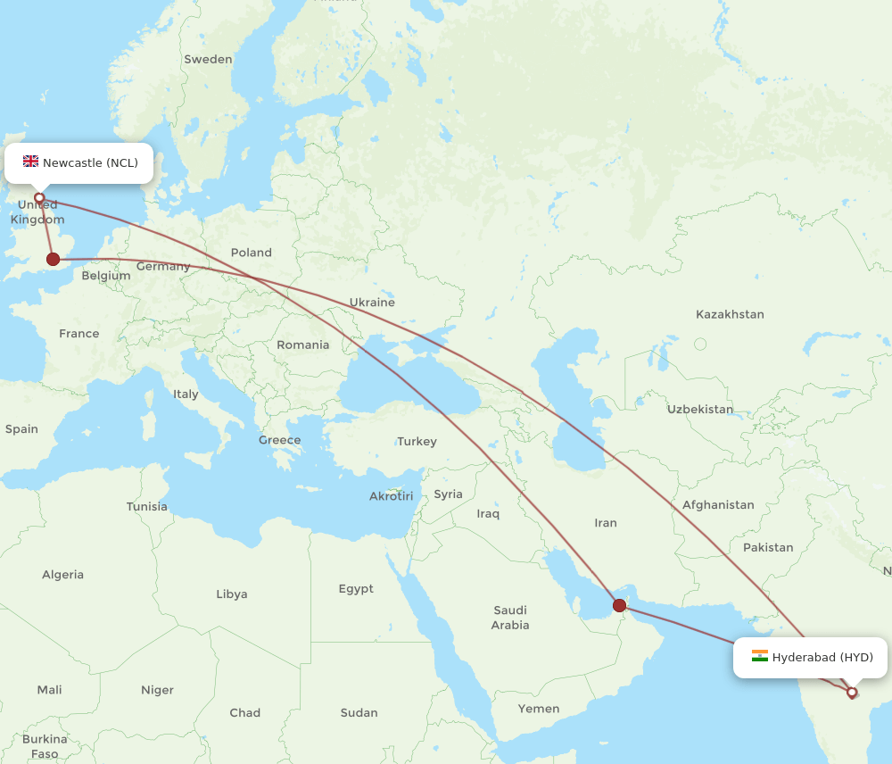 NCL to HYD flights and routes map