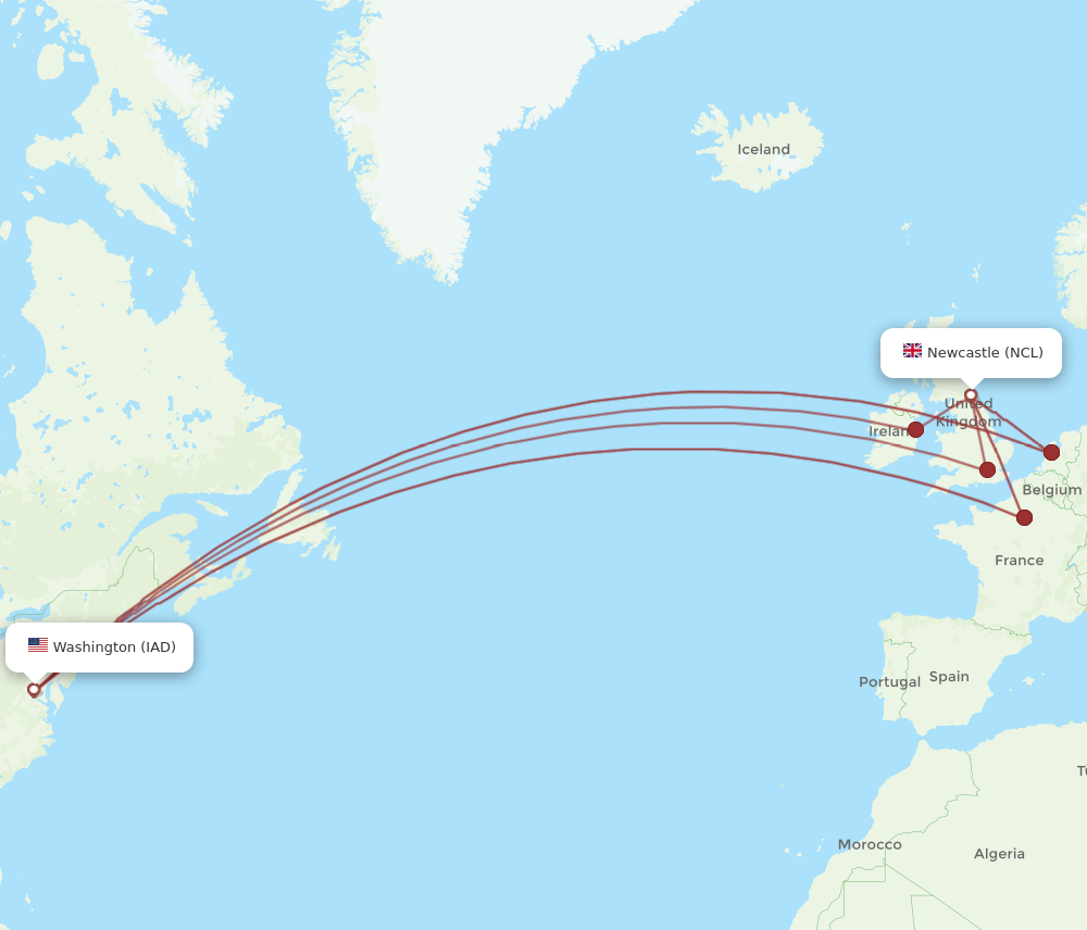 NCL to IAD flights and routes map