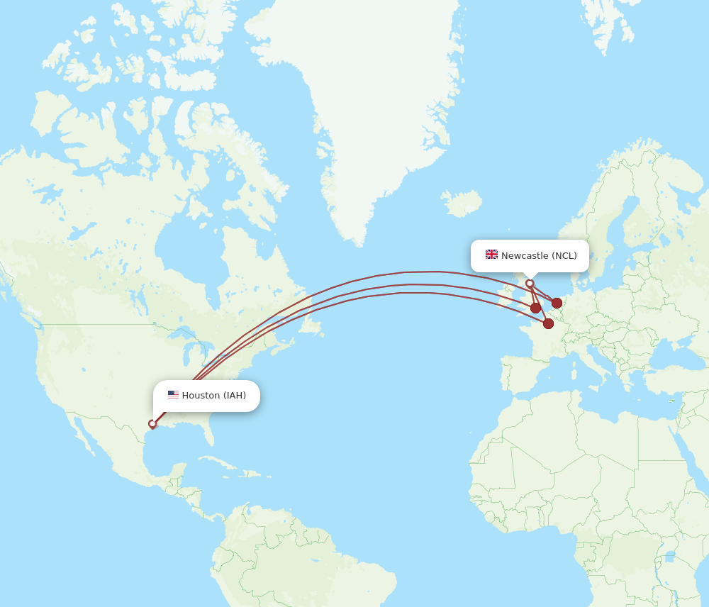 NCL to IAH flights and routes map