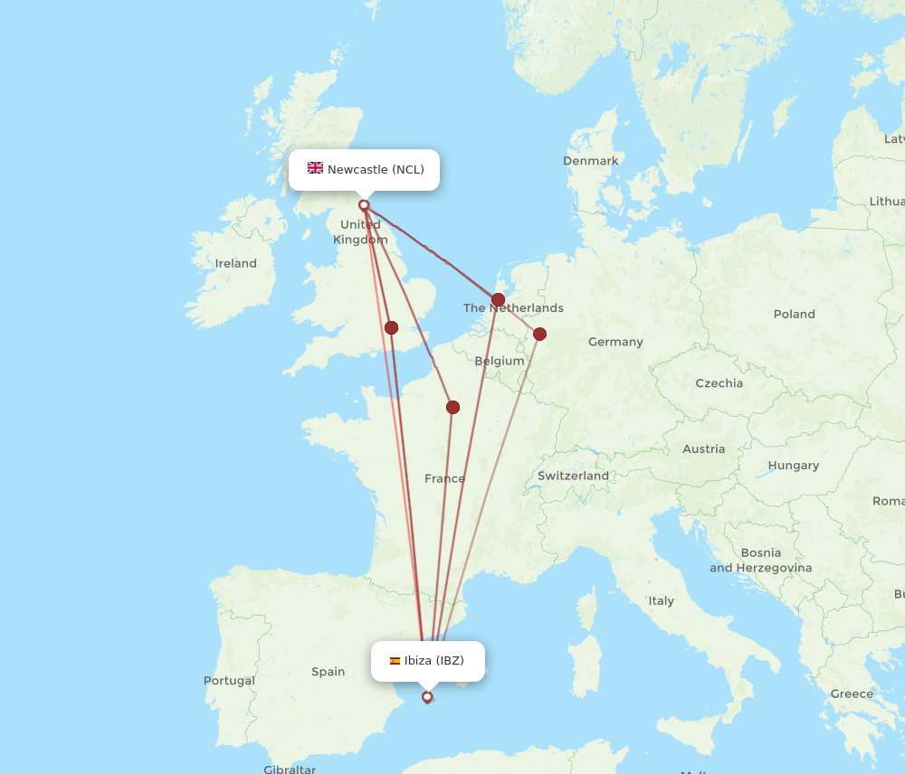 NCL to IBZ flights and routes map