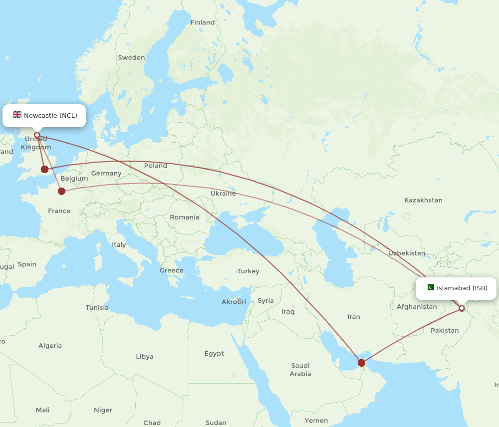 NCL-ISB flight routes