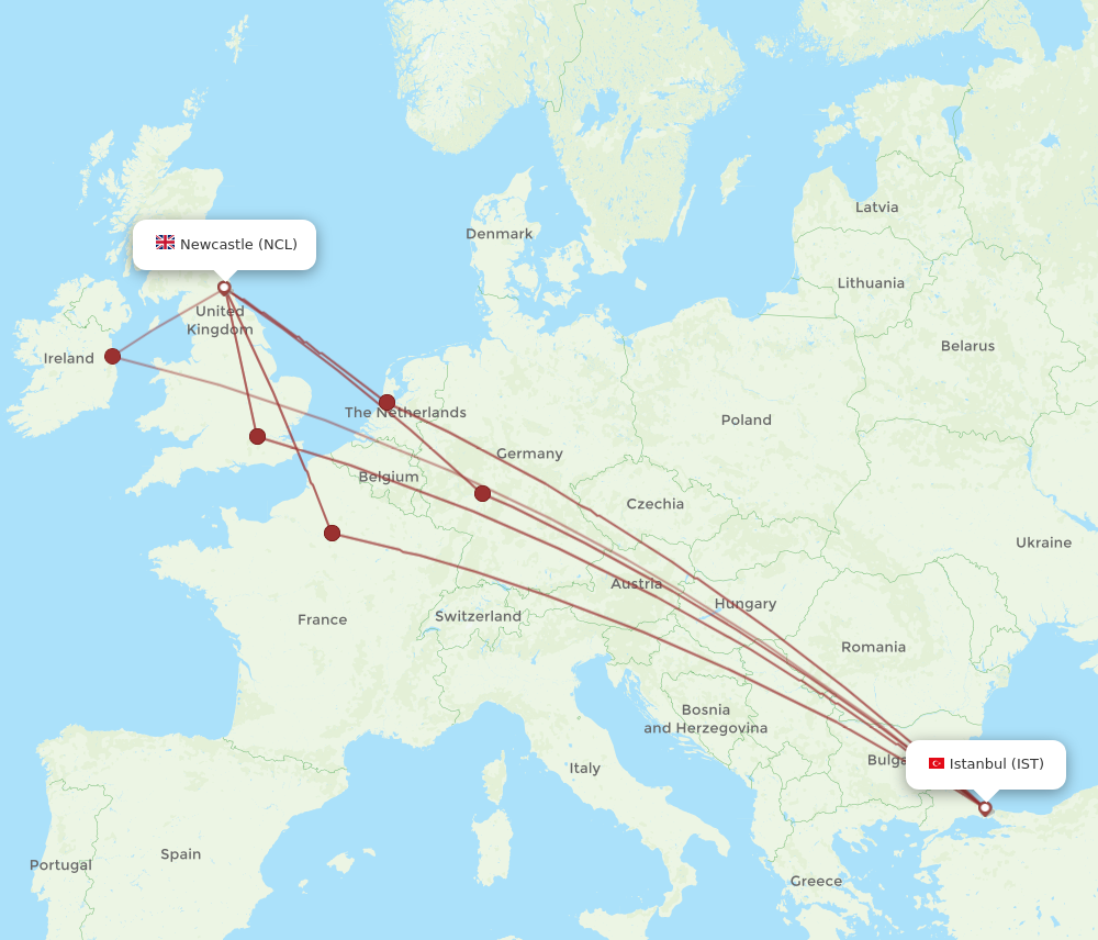 NCL to IST flights and routes map