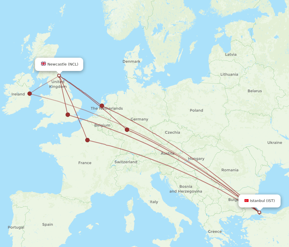 NCL to IST flights and routes map