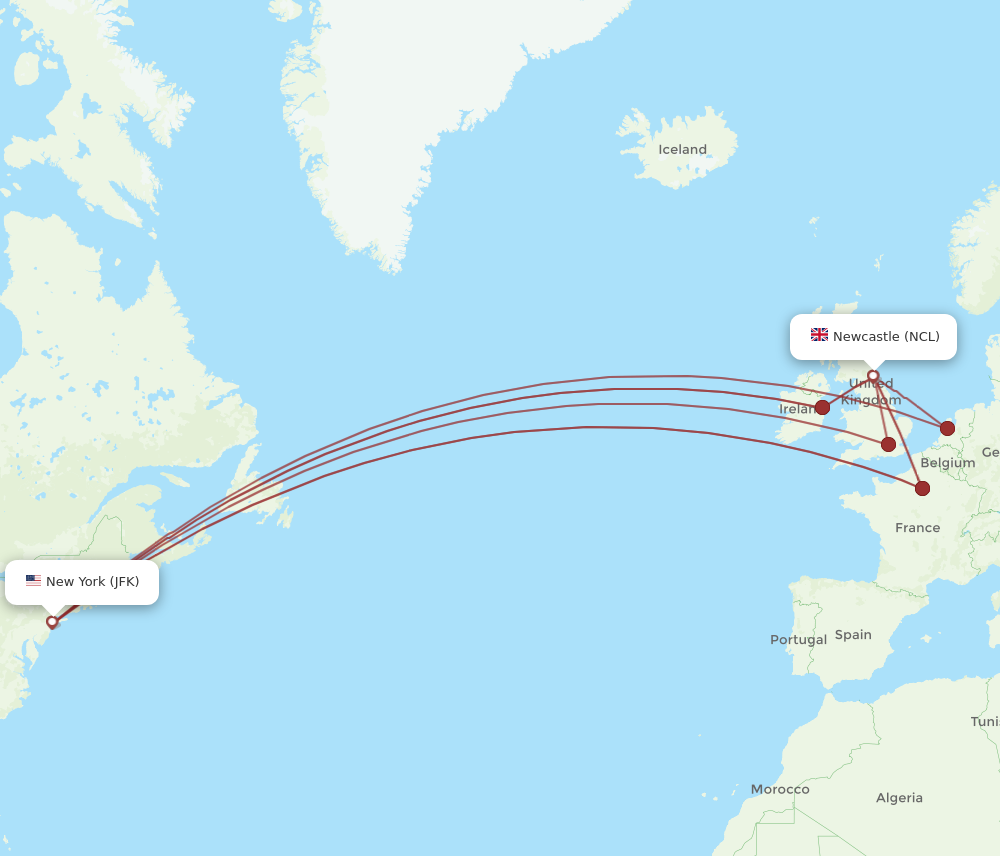 NCL to JFK flights and routes map