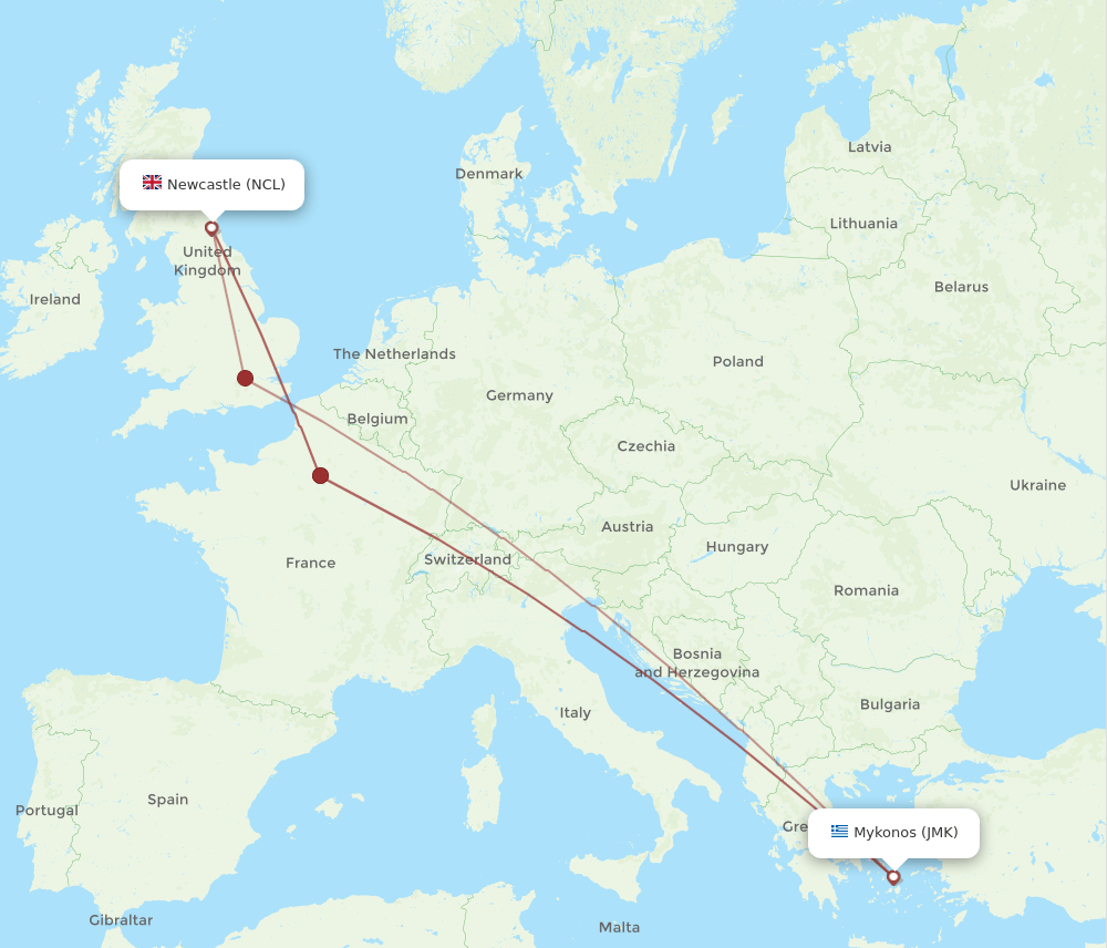 NCL to JMK flights and routes map