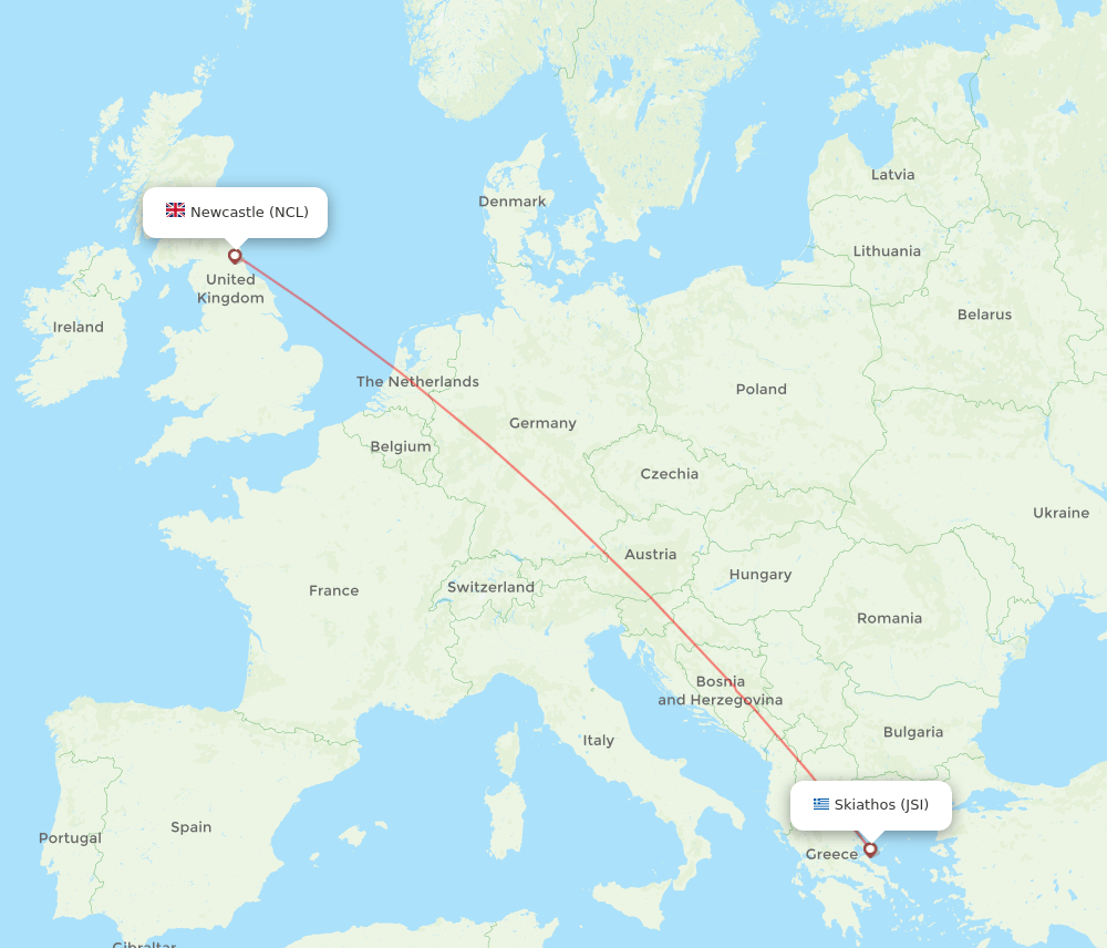 Newcastle - Skiathos route map and flight paths