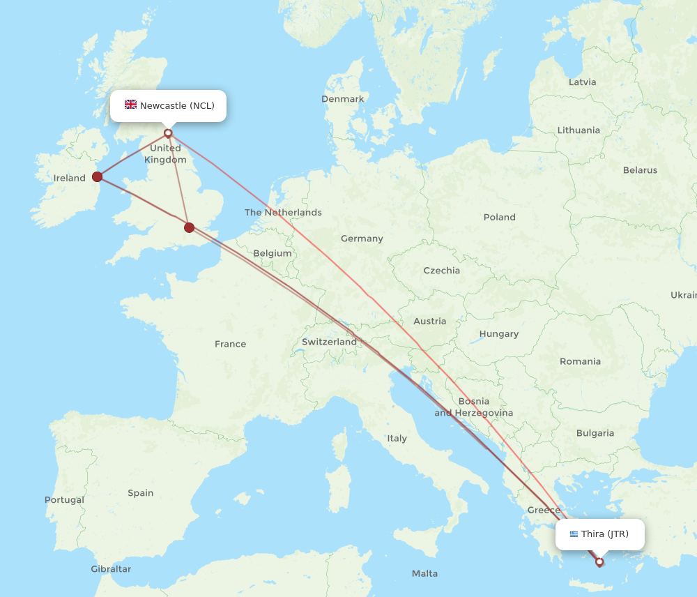 NCL to JTR flights and routes map