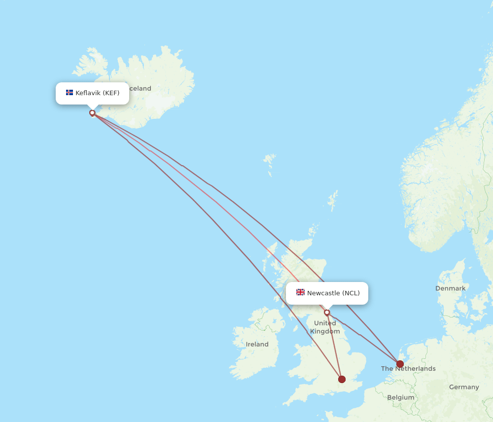NCL to KEF flights and routes map