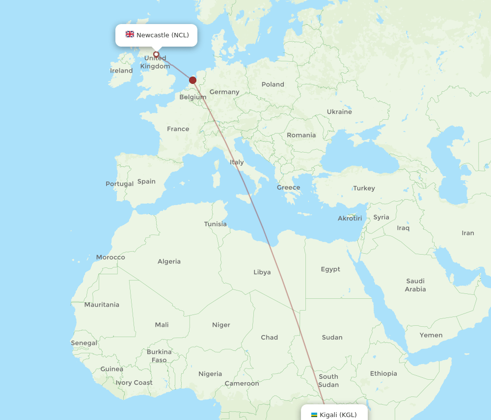 NCL-KGL flight routes