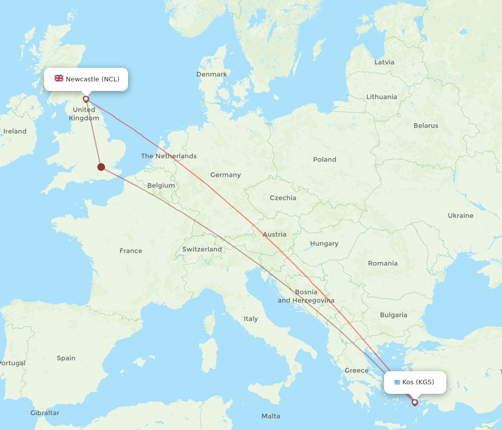 NCL to KGS flights and routes map