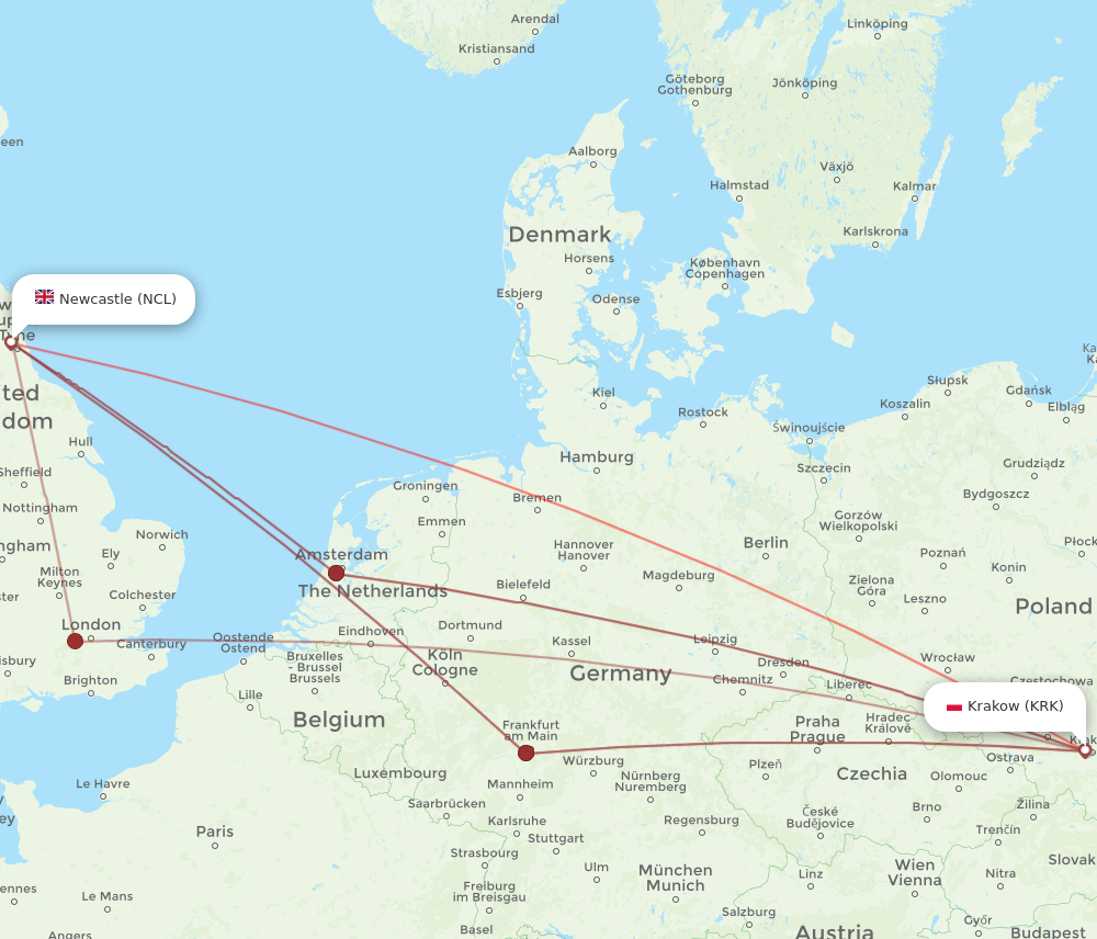 NCL to KRK flights and routes map