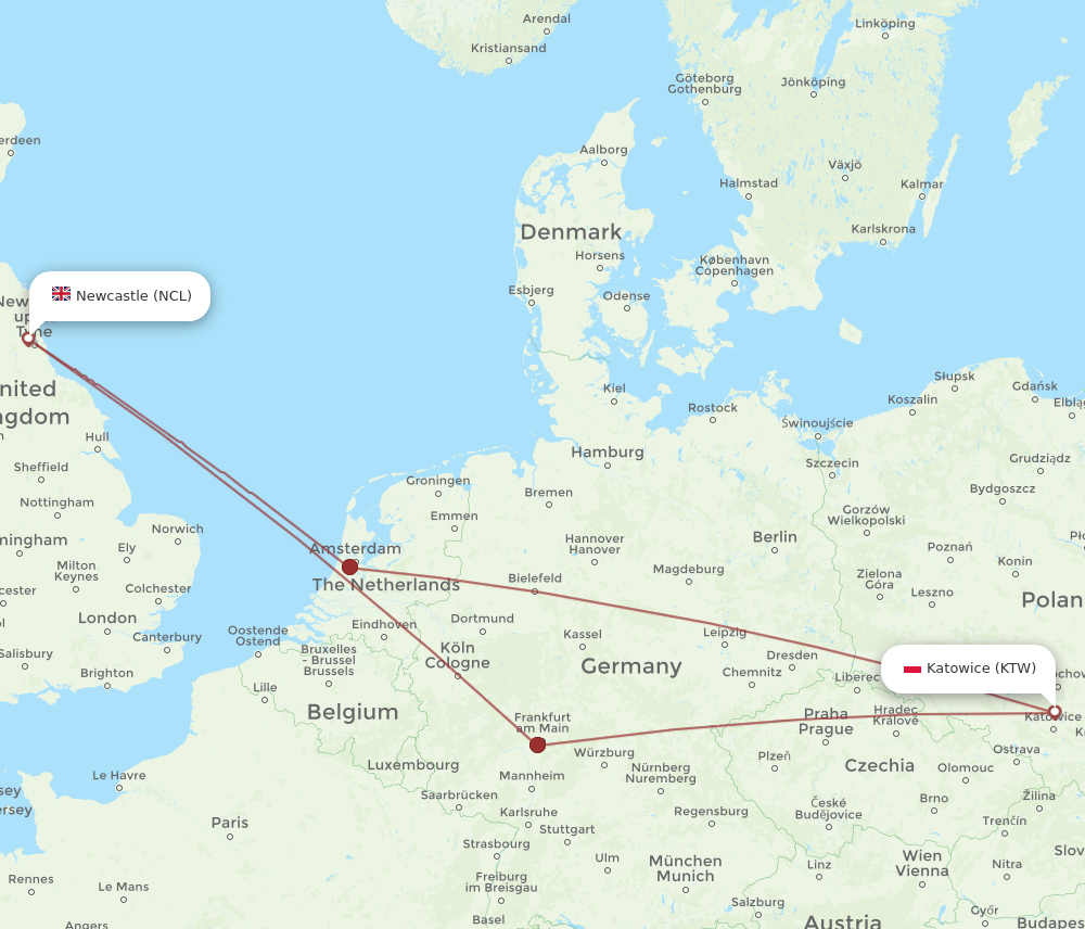 Newcastle - Katowice route map and flight paths