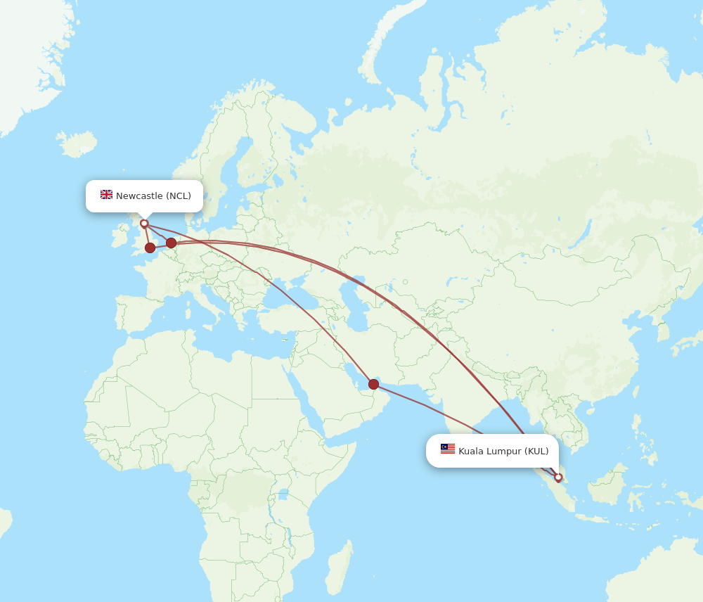 NCL-KUL flight routes