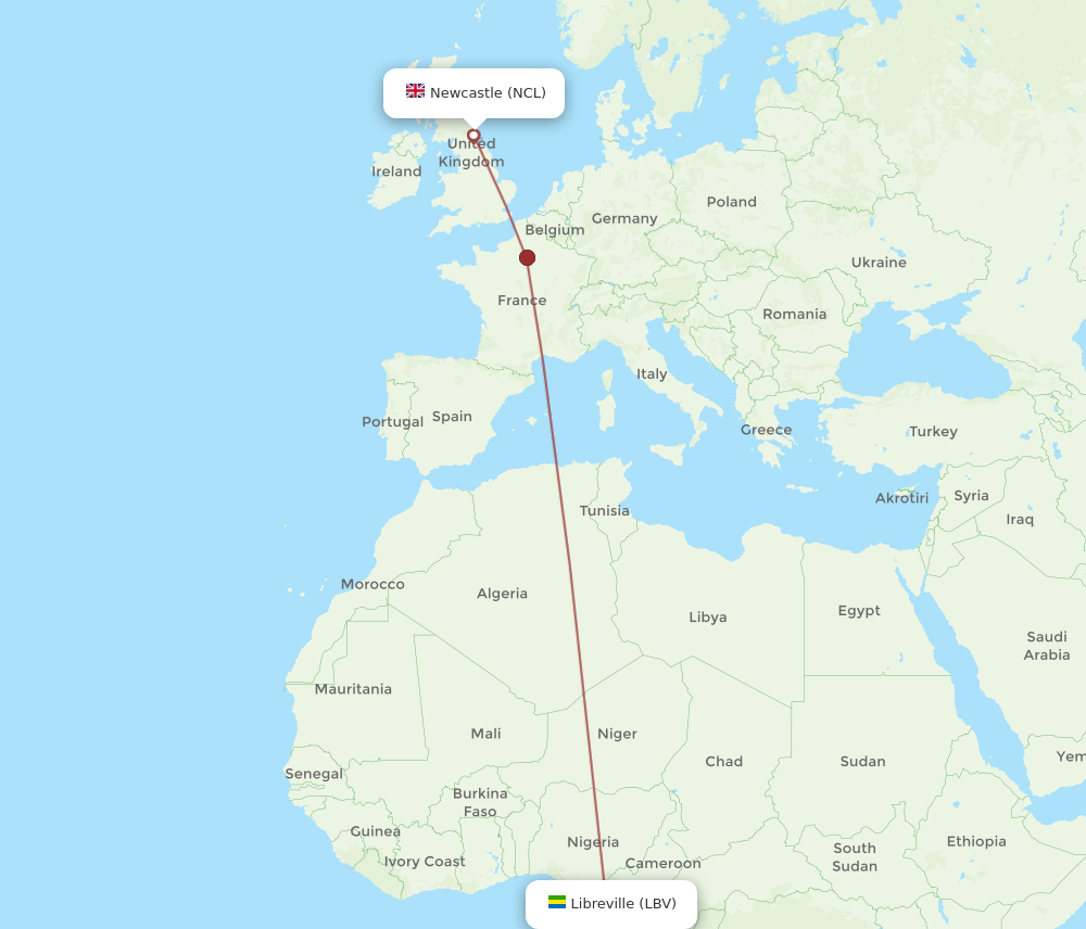 NCL to LBV flights and routes map
