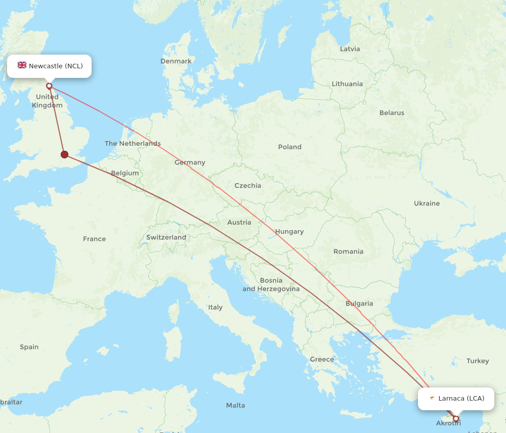 NCL to LCA flights and routes map