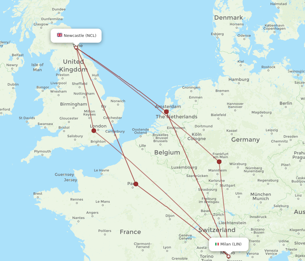 NCL to LIN flights and routes map