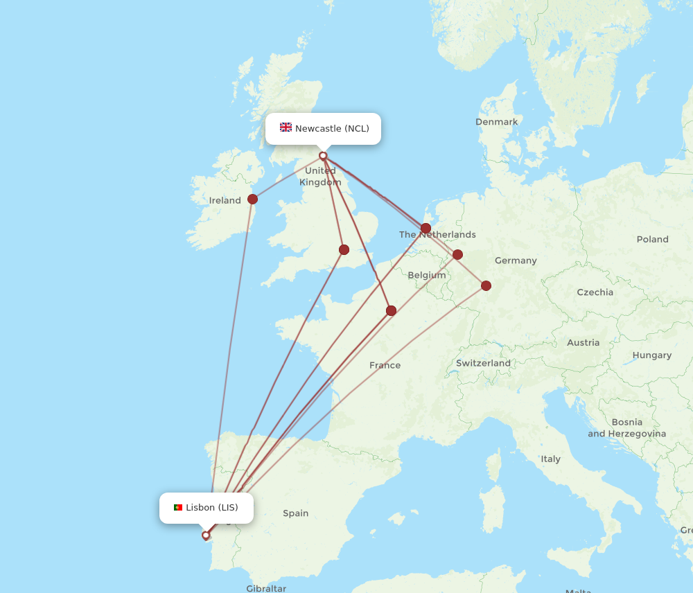 NCL to LIS flights and routes map