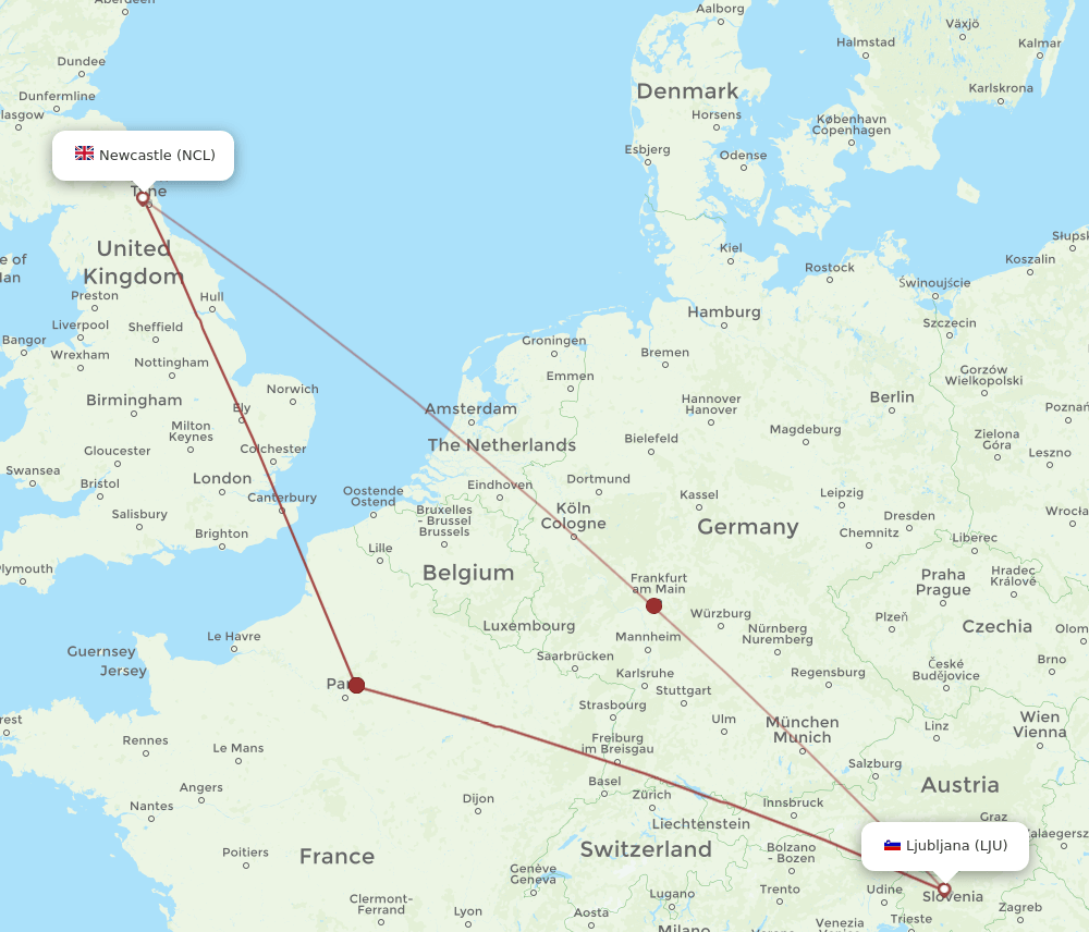 NCL-LJU flight routes