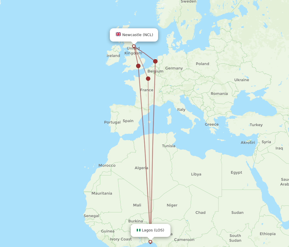 NCL to LOS flights and routes map