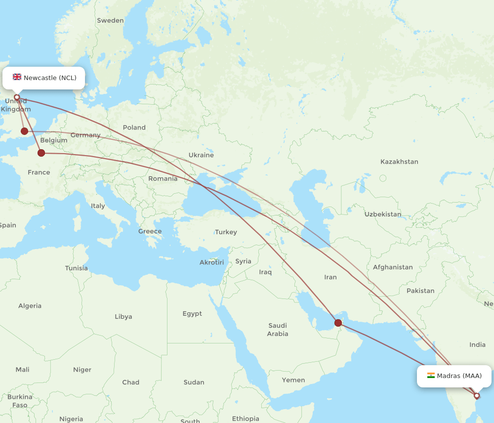 NCL-MAA flight routes