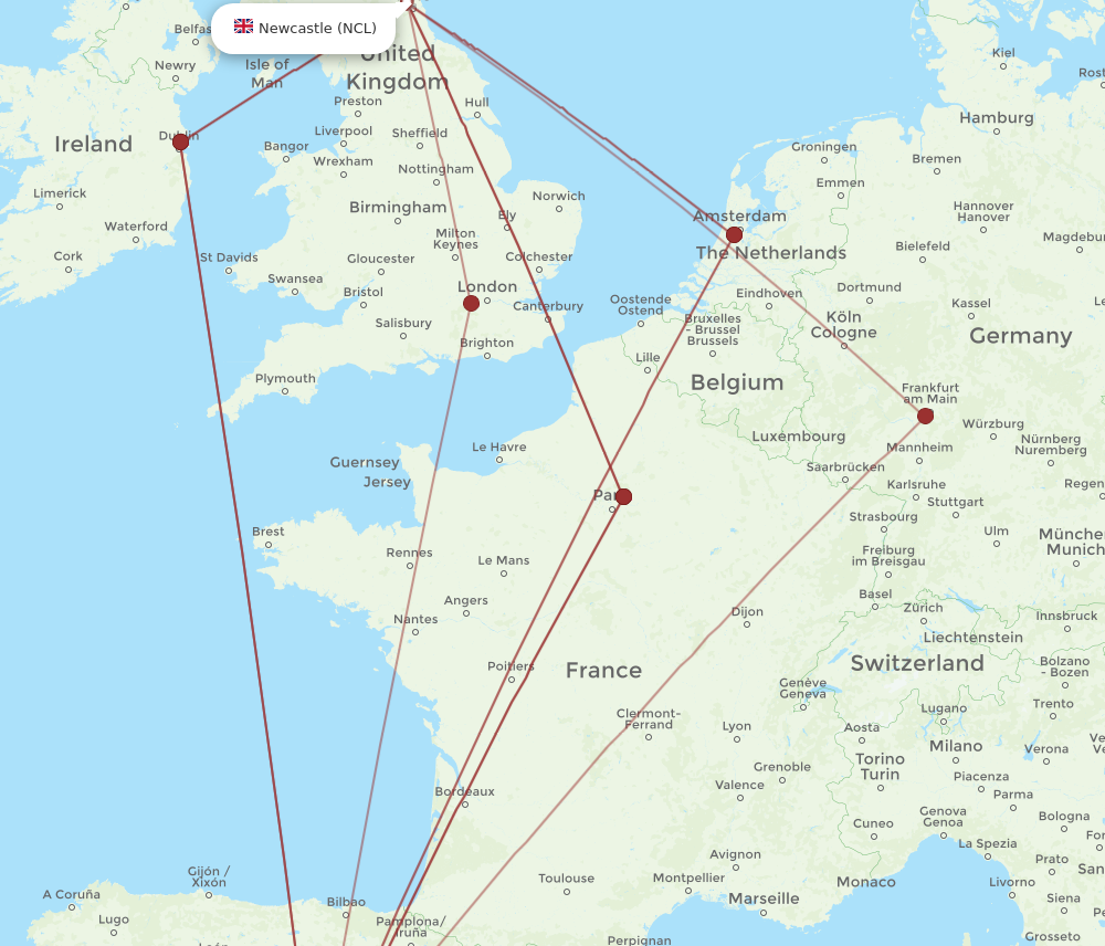 NCL to MAD flights and routes map
