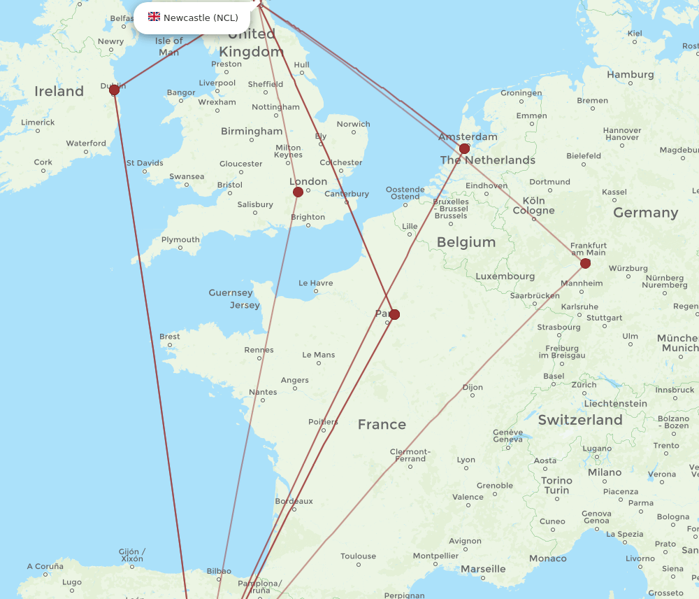NCL-MAD flight routes