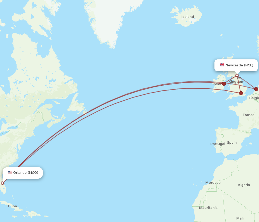 NCL to MCO flights and routes map