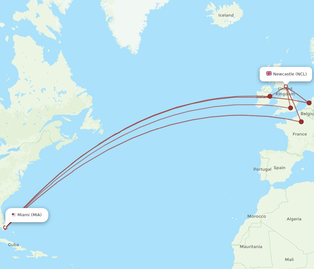 NCL to MIA flights and routes map