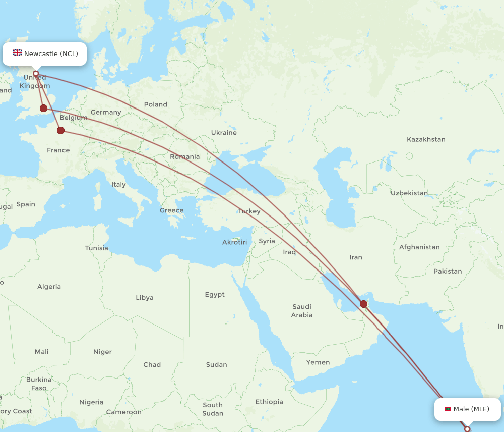 NCL-MLE flight routes
