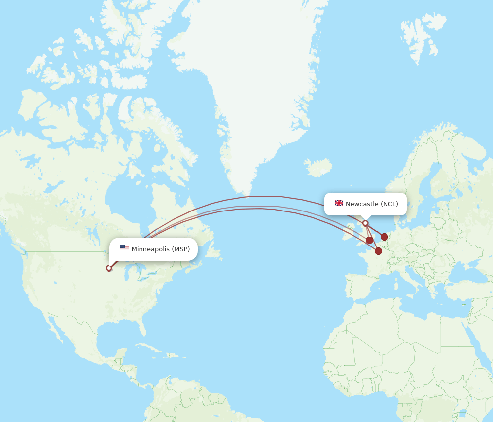 NCL to MSP flights and routes map