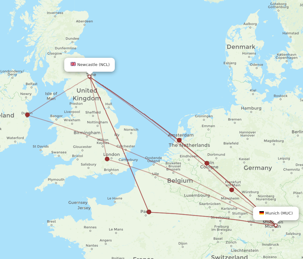 NCL to MUC flights and routes map