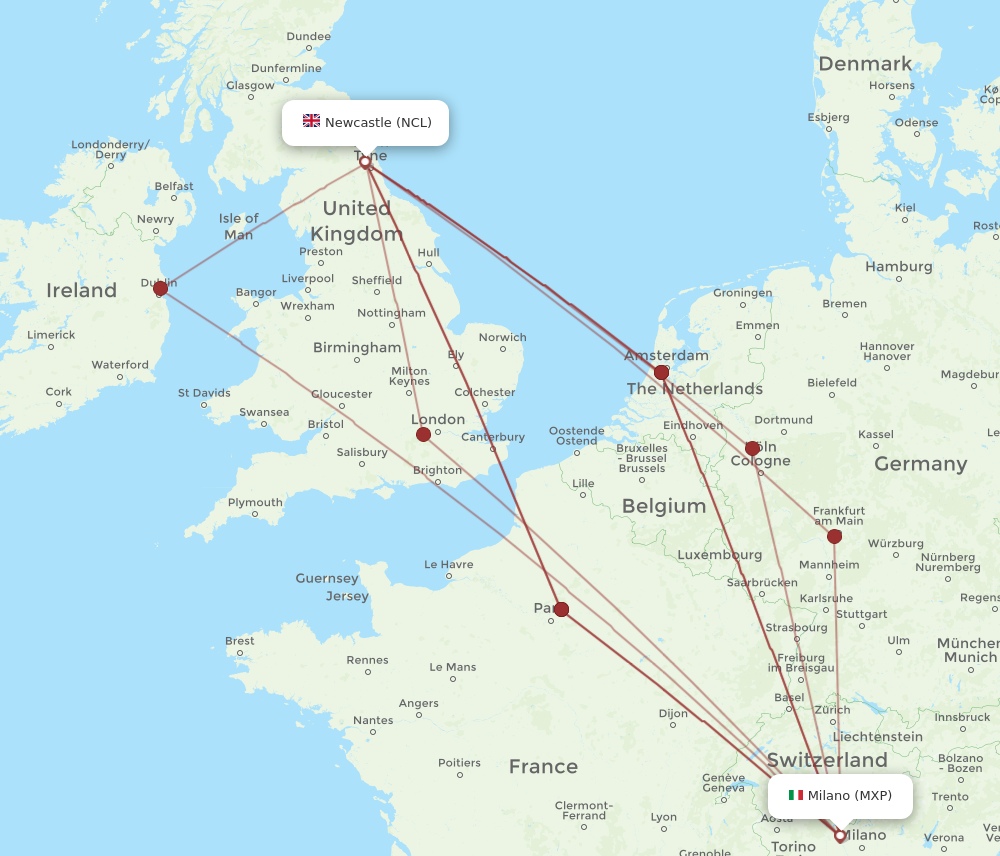 NCL to MXP flights and routes map