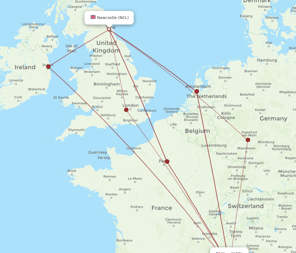 NCL to NCE flights and routes map