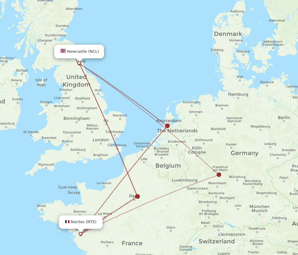 NCL to NTE flights and routes map