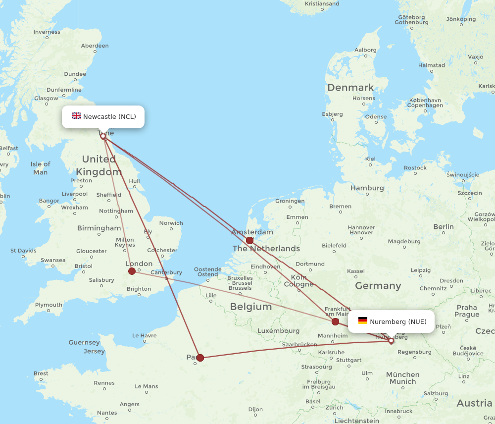 NCL to NUE flights and routes map