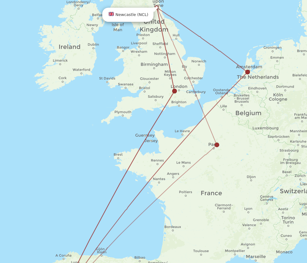 NCL to OPO flights and routes map