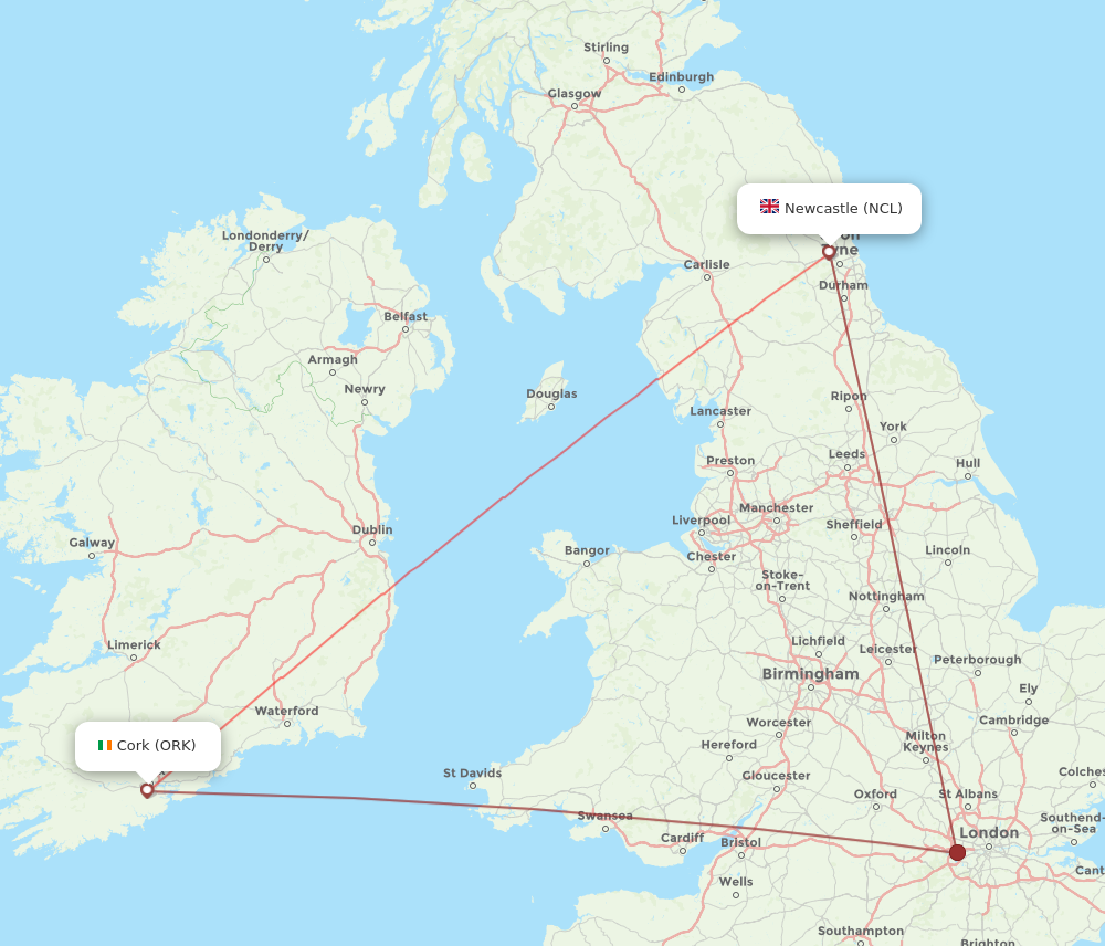 NCL to ORK flights and routes map