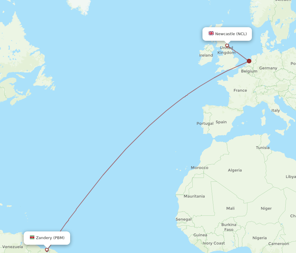 NCL to PBM flights and routes map