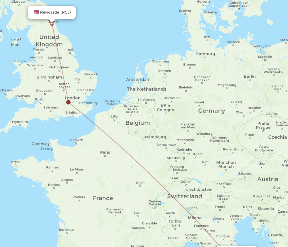 NCL to PEG flights and routes map