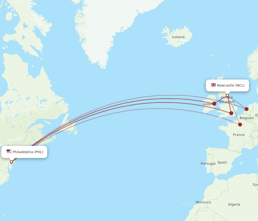 NCL to PHL flights and routes map
