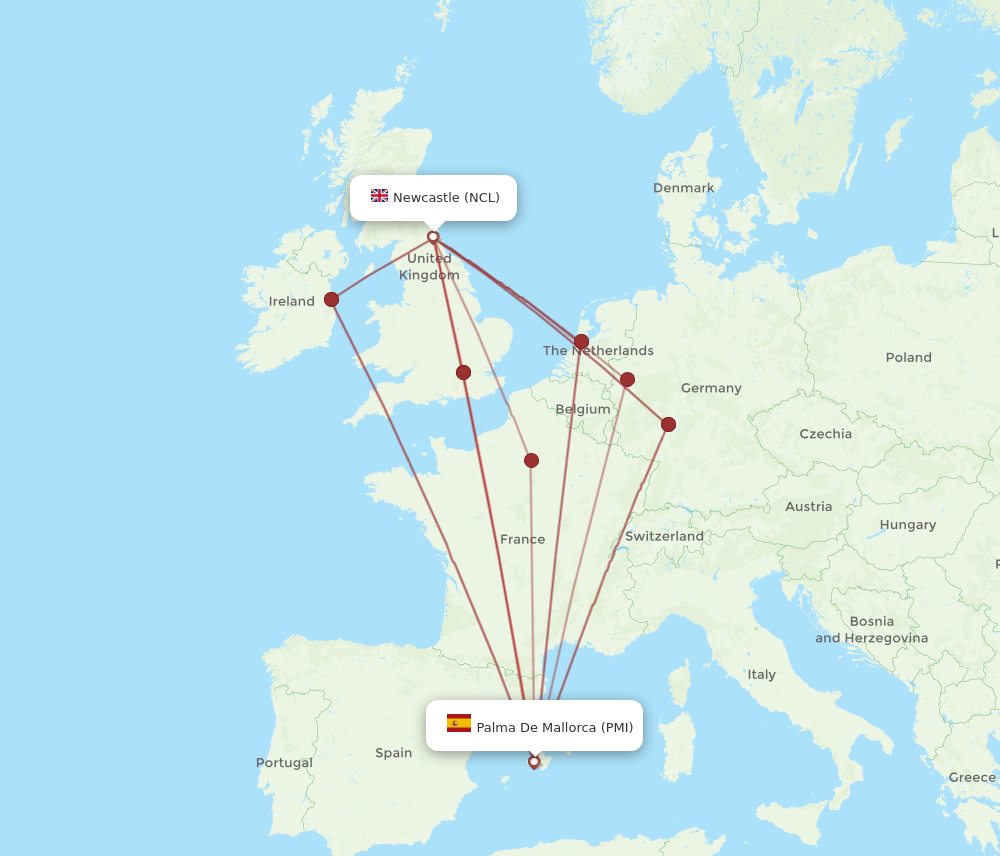 NCL to PMI flights and routes map