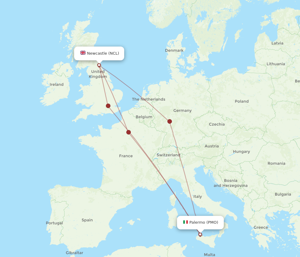 NCL to PMO flights and routes map