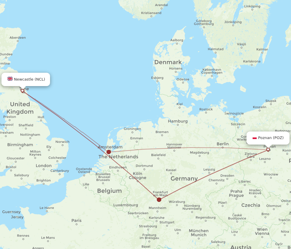 NCL to POZ flights and routes map