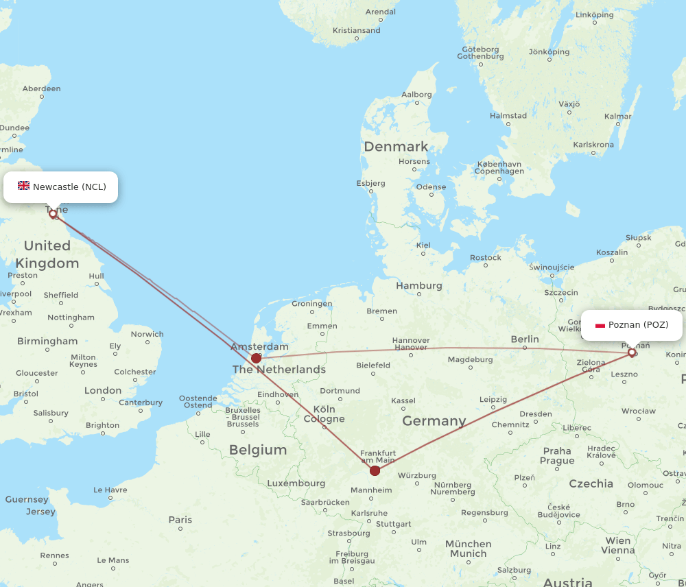 NCL-POZ flight routes