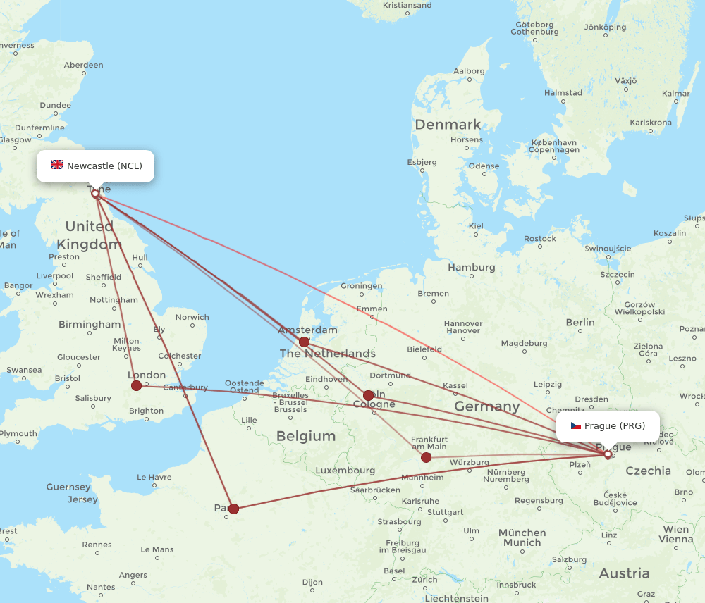 NCL-PRG flight routes