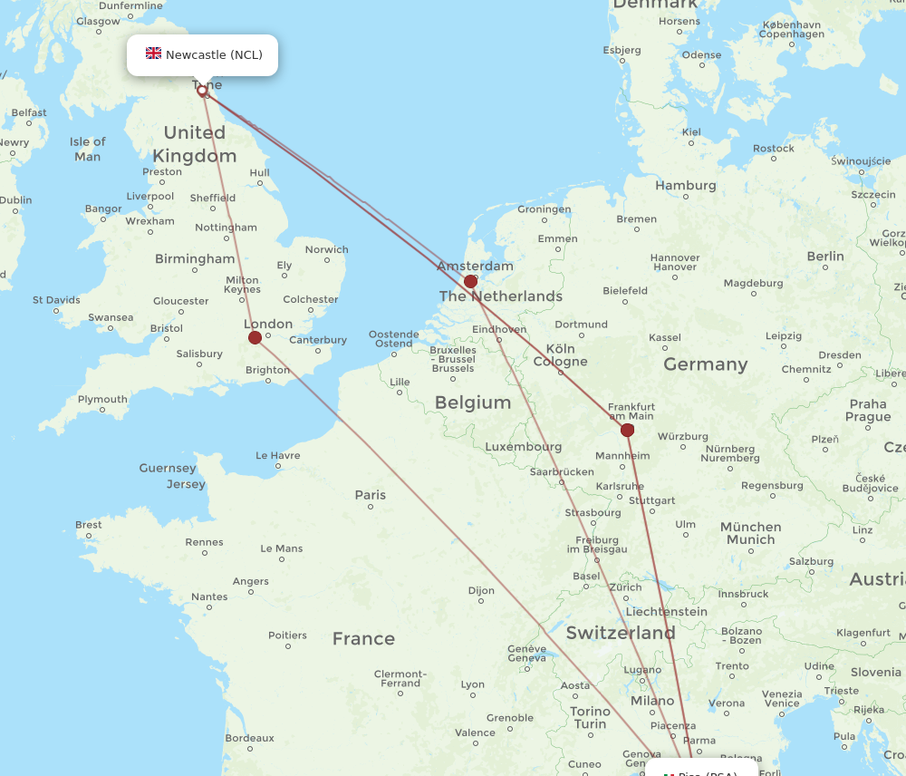 NCL to PSA flights and routes map